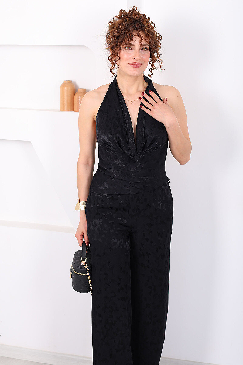 Desenli Boyundan Geçirmeli Kadın Siyah Saten Pantolon Takım - 3