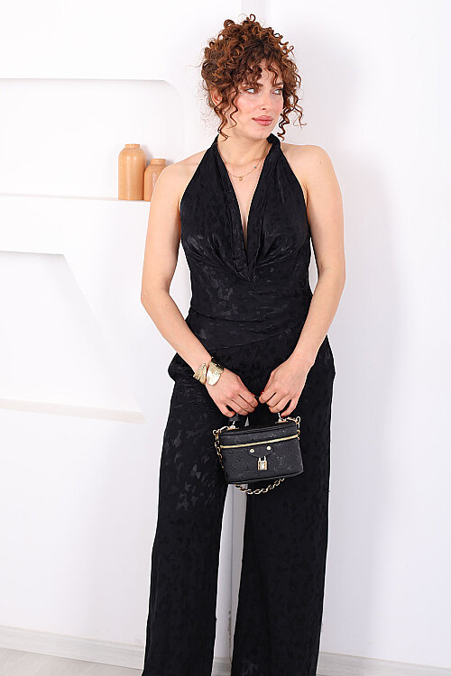 Desenli Boyundan Geçirmeli Kadın Siyah Saten Pantolon Takım - Berox