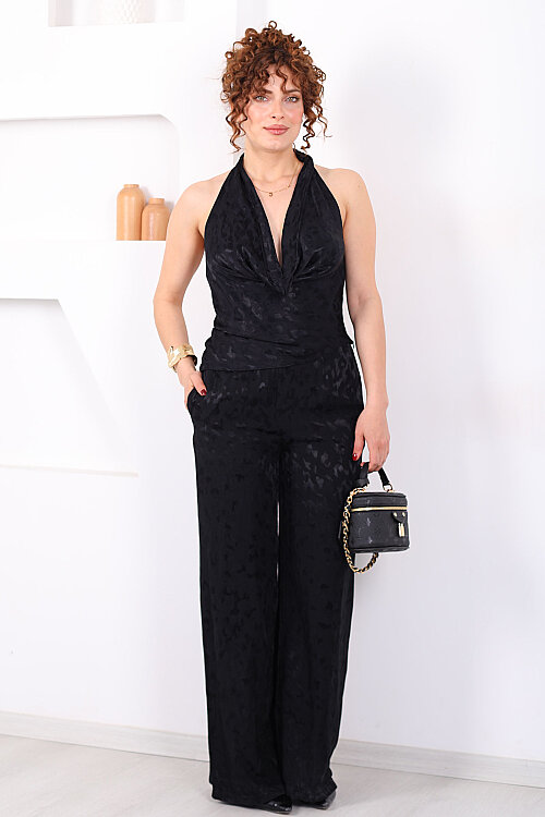 Desenli Boyundan Geçirmeli Kadın Siyah Saten Pantolon Takım - 4