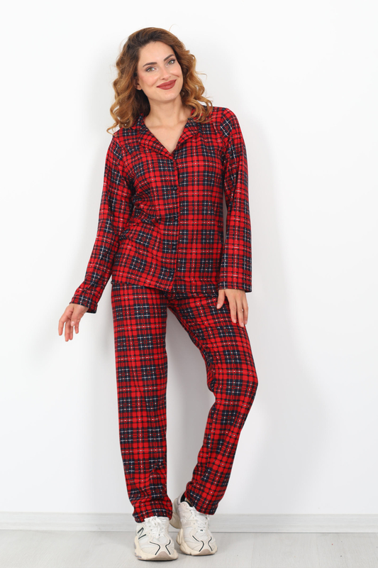 Desenli Gömlek Yaka Kırmızı Lacivert Kadın Süet Pijama Takım - 1