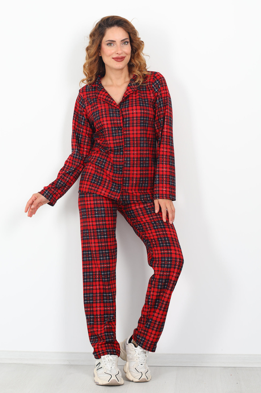 Desenli Gömlek Yaka Kırmızı Lacivert Kadın Süet Pijama Takım - 2