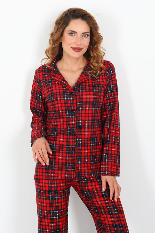Desenli Gömlek Yaka Kırmızı Lacivert Kadın Süet Pijama Takım - 3