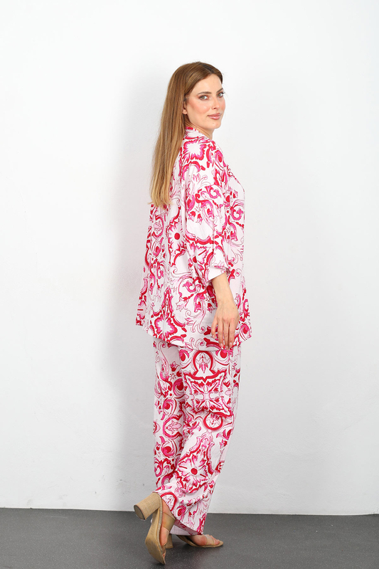 Desenli Kadın Fuşya Kimono Takım - 4