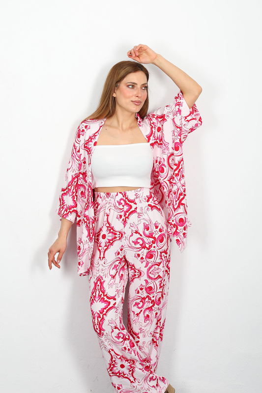 Desenli Kadın Fuşya Kimono Takım - 2
