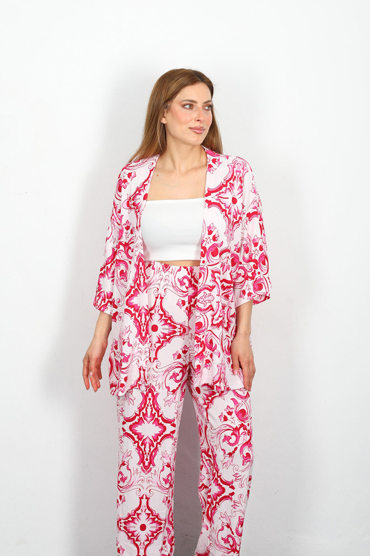 Desenli Kadın Fuşya Kimono Takım - 3