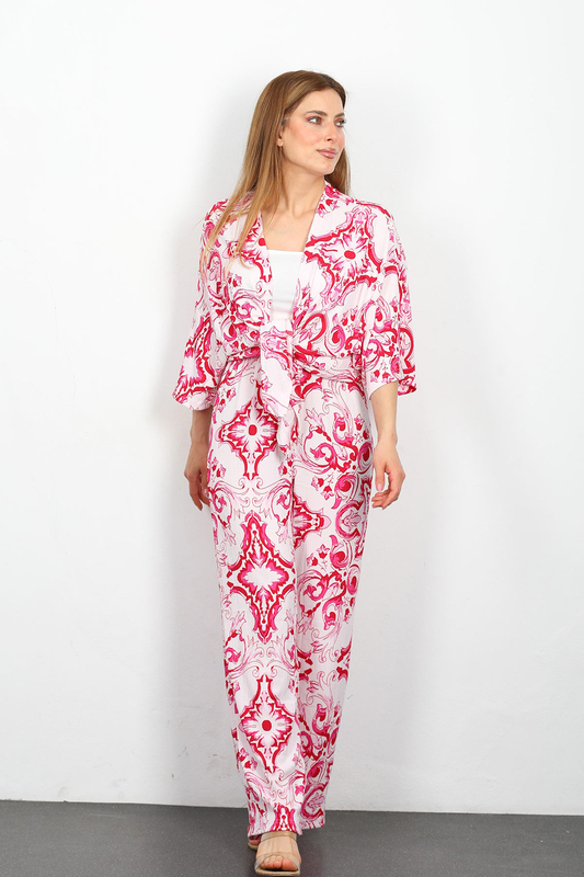 Desenli Kadın Fuşya Kimono Takım - 1