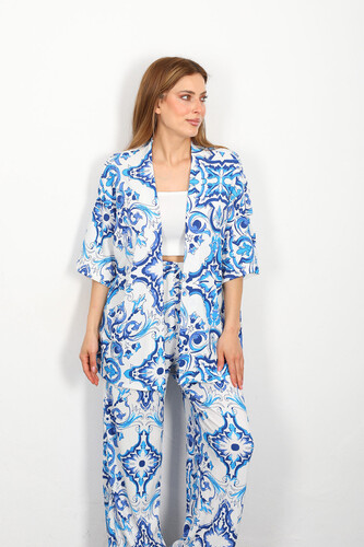 Desenli Kadın Mavi Kimono Takım - 2