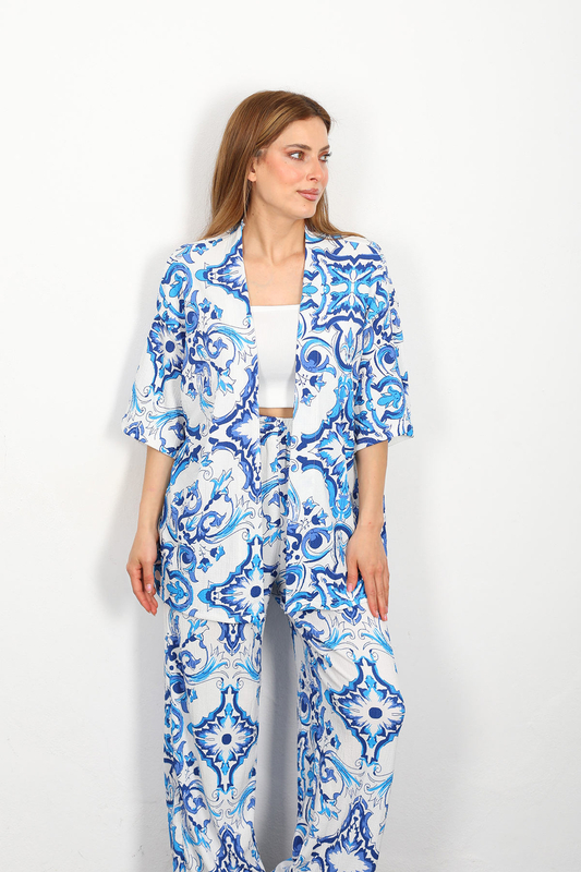 Desenli Kadın Mavi Kimono Takım - 2