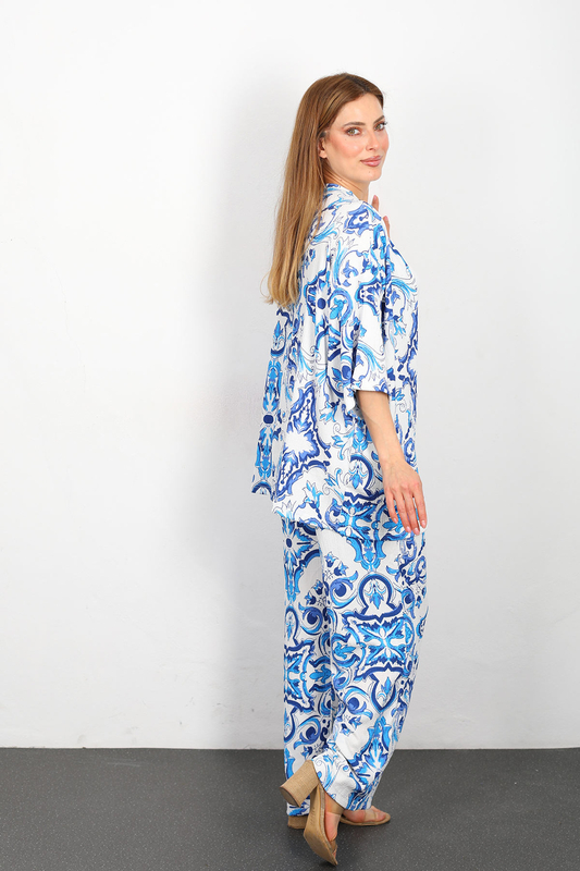 Desenli Kadın Mavi Kimono Takım - 4