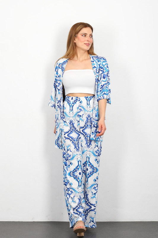 Desenli Kadın Mavi Kimono Takım - 3