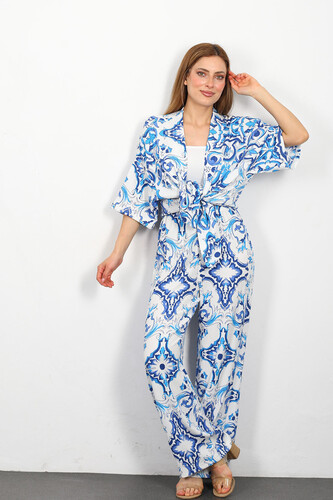 Desenli Kadın Mavi Kimono Takım 