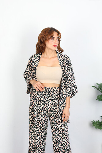 Desenli Kimono Siyah Kadın Takım - 2