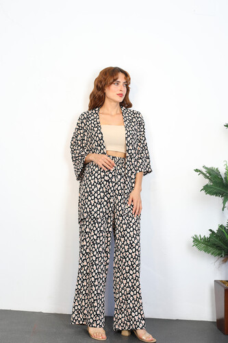 Desenli Kimono Siyah Kadın Takım - 5