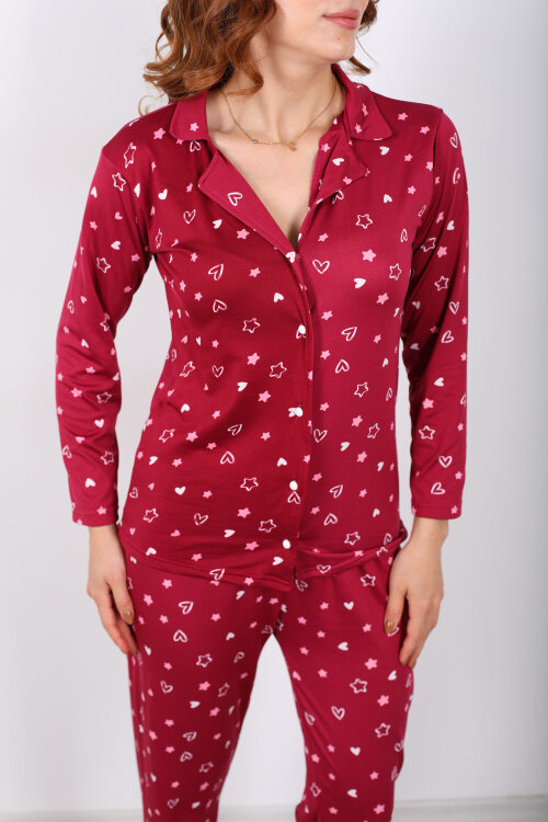 Desenli Mürdüm Kadın Yumoş Pijama Takım - 2