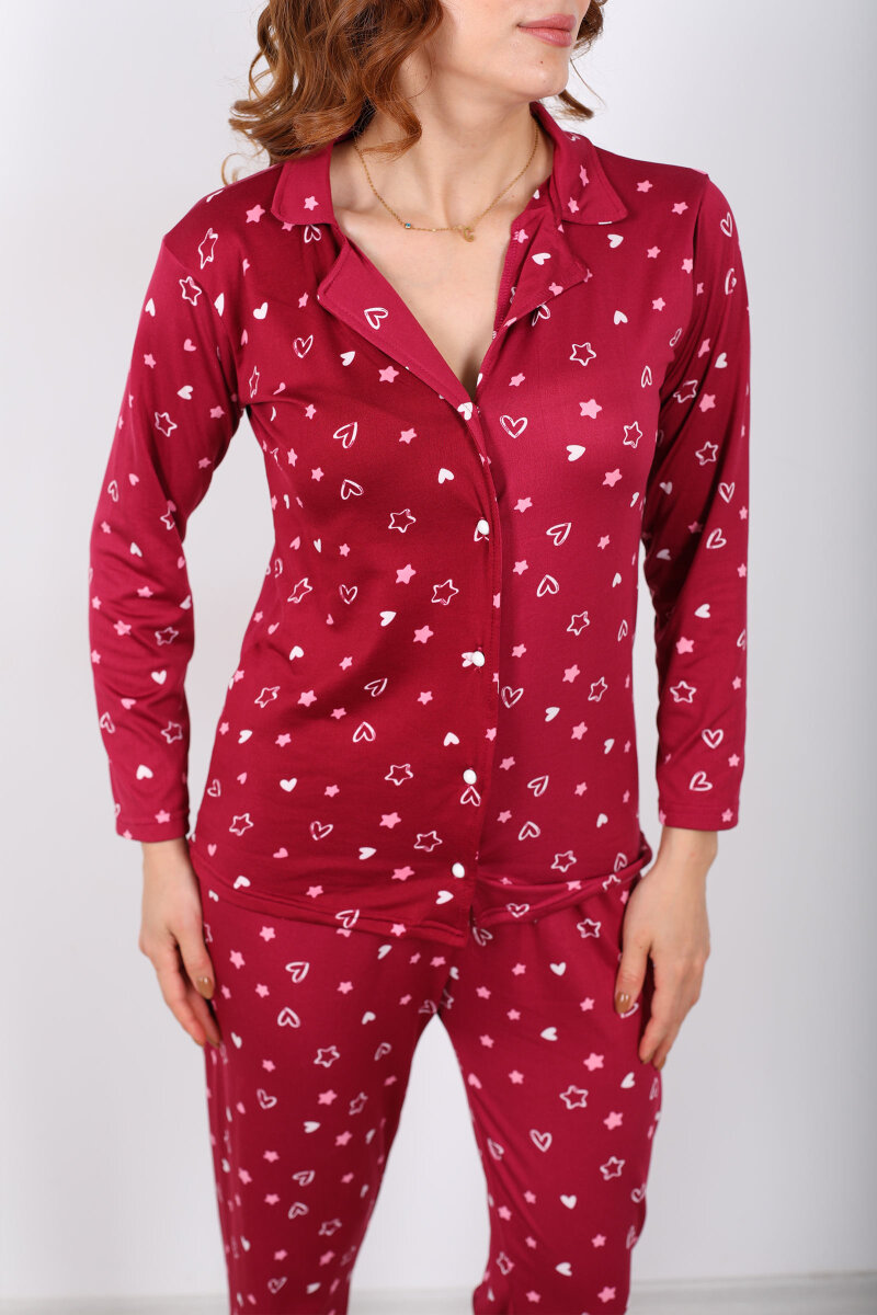 Desenli Mürdüm Kadın Yumoş Pijama Takım - 2