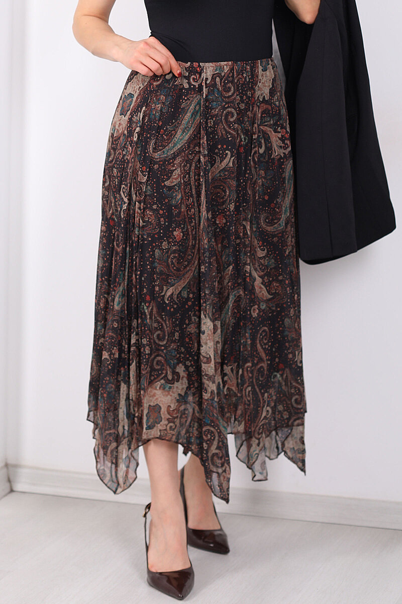 Desenli Pileli Kadın Midi Füme Şifon Etek - 2