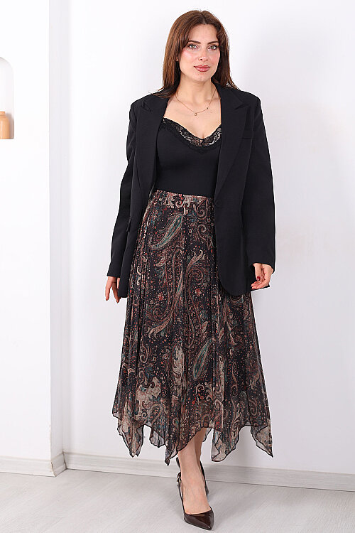 Desenli Pileli Kadın Midi Füme Şifon Etek - 5