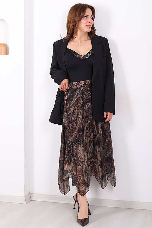 Desenli Pileli Kadın Midi Füme Şifon Etek - Berox