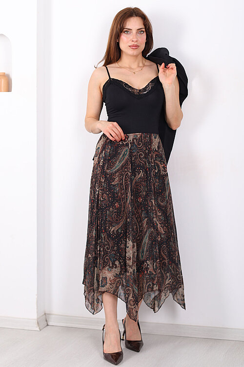 Desenli Pileli Kadın Midi Füme Şifon Etek - 3