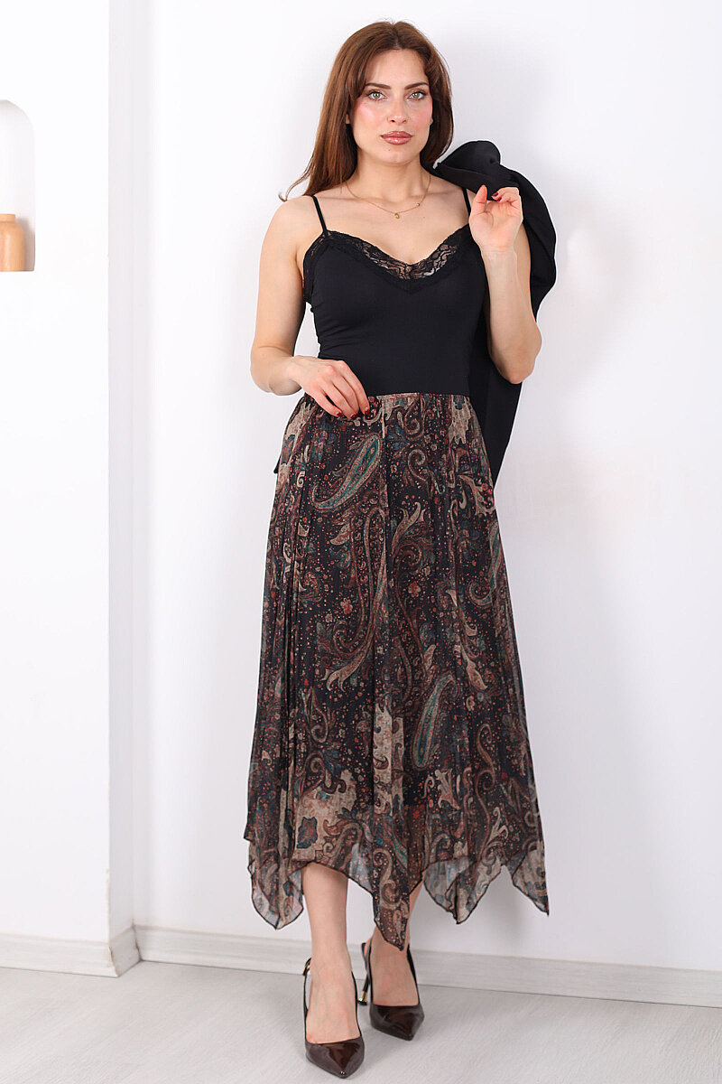 Desenli Pileli Kadın Midi Füme Şifon Etek - 3