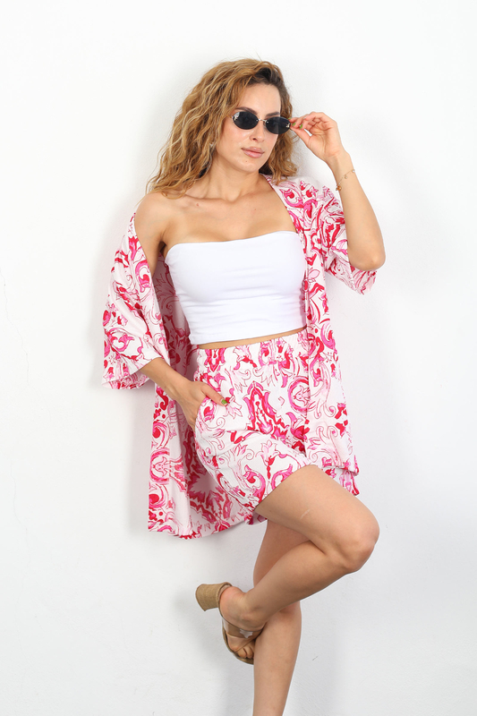 Desenli Şortlu Krep Fuşya Kadın Kimono Takım - 5