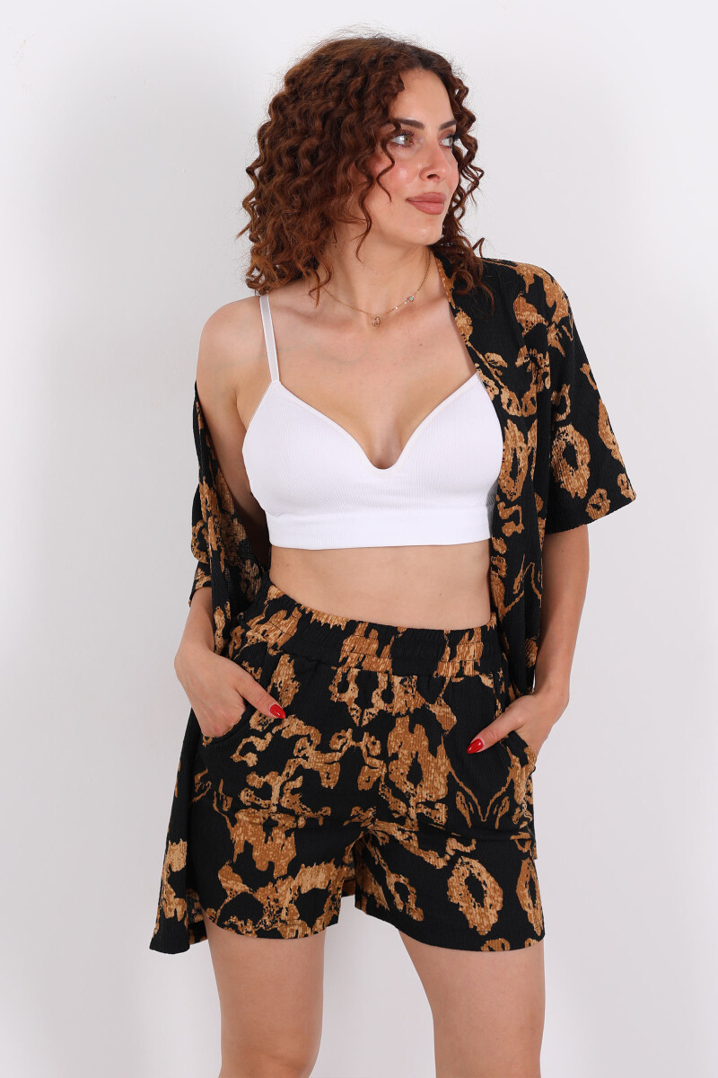 Desenli Şortlu Krep Siyah Kadın Kimono Takım - 3