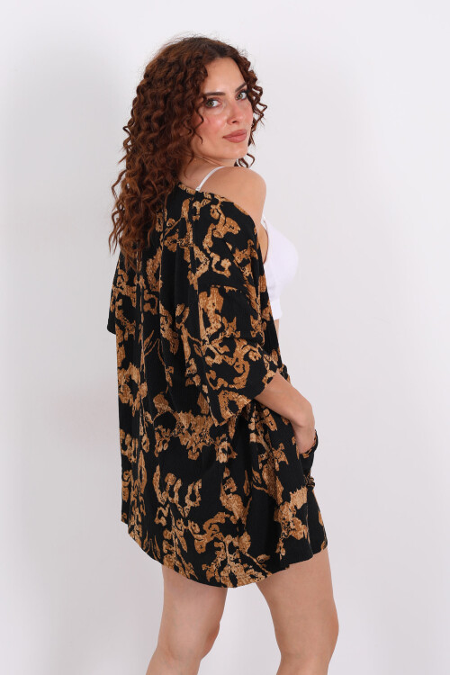 Desenli Şortlu Krep Siyah Kadın Kimono Takım - 5