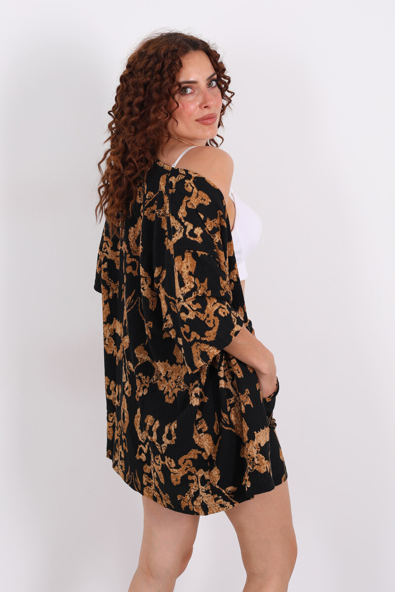 Desenli Şortlu Krep Siyah Kadın Kimono Takım - 5
