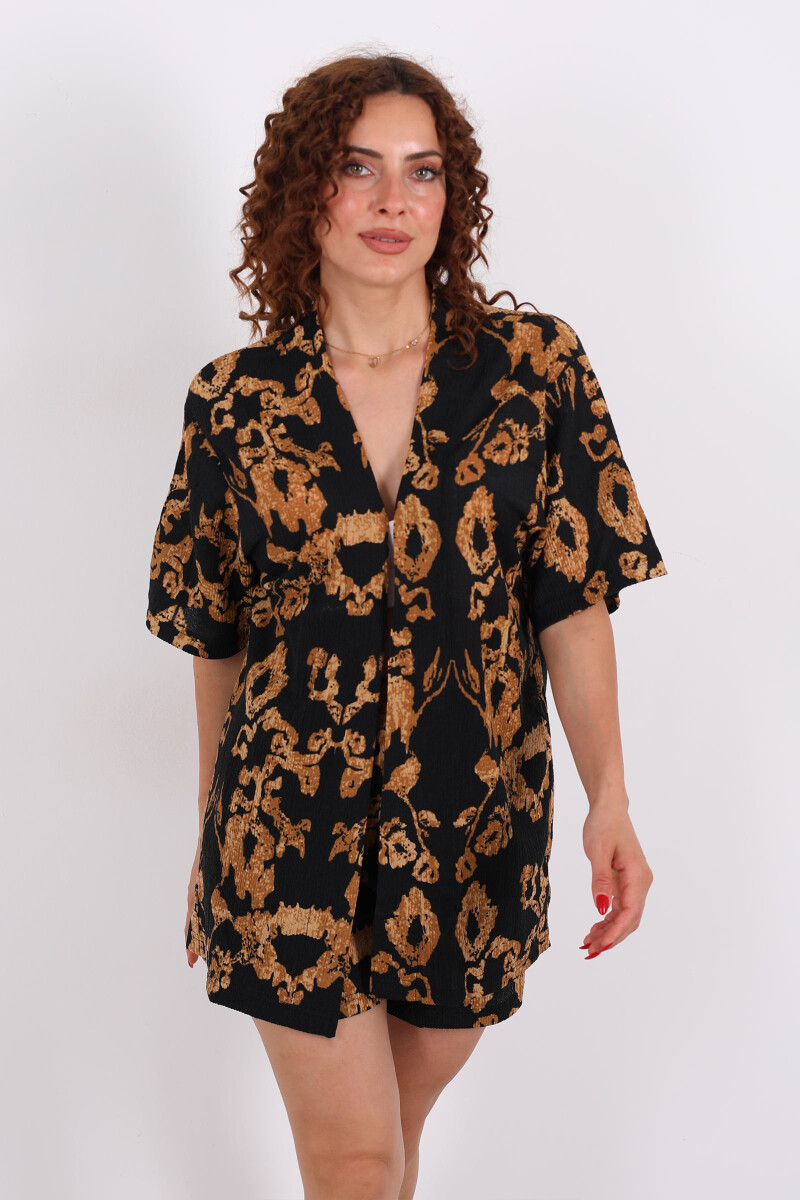 Desenli Şortlu Krep Siyah Kadın Kimono Takım - 4