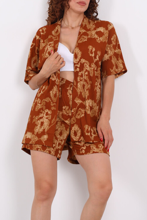 Desenli Şortlu Krep Taba Kadın Kimono Takım - Berox (1)
