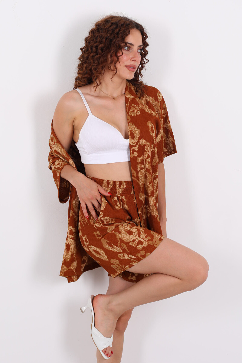 Desenli Şortlu Krep Taba Kadın Kimono Takım - 1