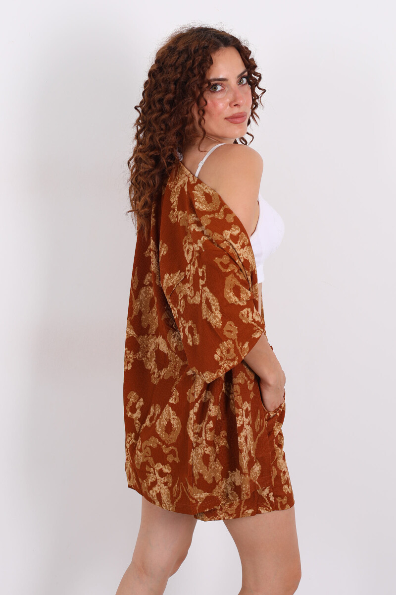 Desenli Şortlu Krep Taba Kadın Kimono Takım - 5