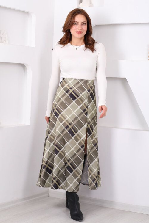 Desenli Yırtmaçlı Kadın Haki Midi Saten Etek - 3