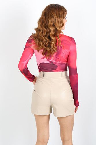 Dijital Baskı Büzgülü Pembe Kadın Drape Bluz - 4