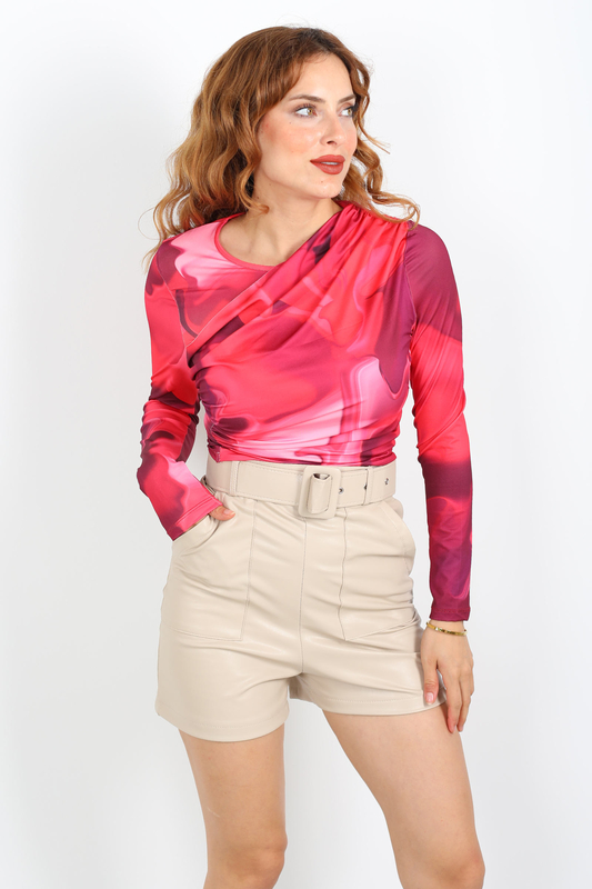 Dijital Baskı Büzgülü Pembe Kadın Drape Bluz - 2