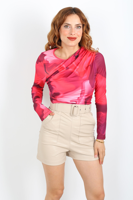 Dijital Baskı Büzgülü Pembe Kadın Drape Bluz - 1