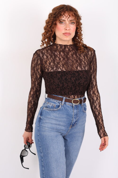 Dik Yaka Acı Kahve Kadın Dantel Bluz - 6