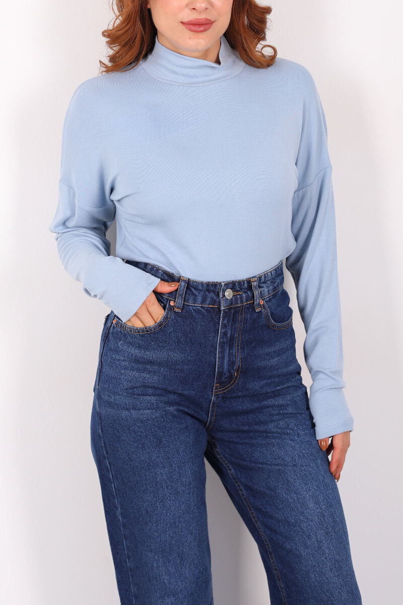 Dik Yaka Bebe Mavisi Kadın Buzi Bluz - 2