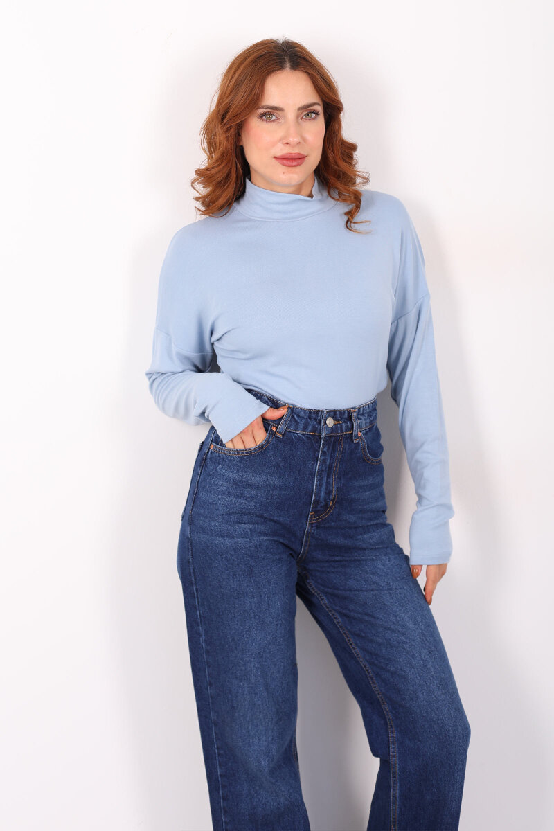 Dik Yaka Bebe Mavisi Kadın Buzi Bluz - 6