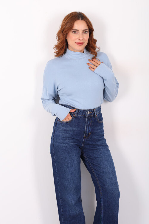 Dik Yaka Bebe Mavisi Kadın Buzi Bluz - 3