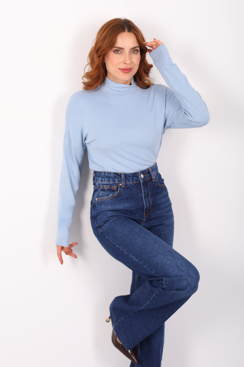 Dik Yaka Bebe Mavisi Kadın Buzi Bluz - 1