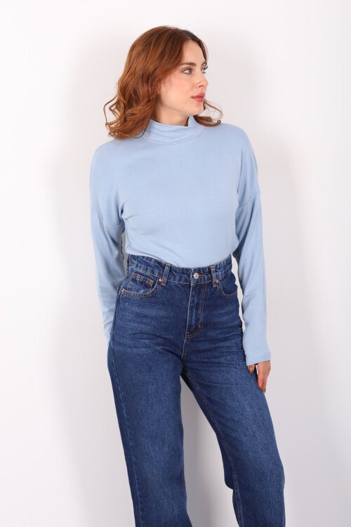 Dik Yaka Bebe Mavisi Kadın Buzi Bluz - 4