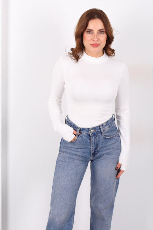 Dik Yaka Beyaz Kadın Çıtçıtlı Body - 4