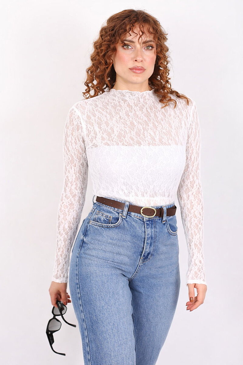 Dik Yaka Beyaz Kadın Dantel Bluz - 3