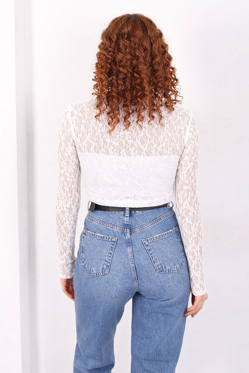 Dik Yaka Beyaz Kadın Dantel Bluz - 5