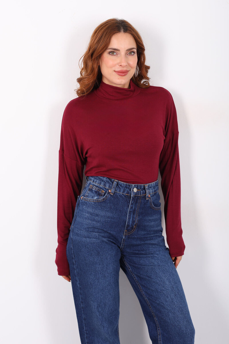 Dik Yaka Bordo Kadın Buzi Bluz - 6