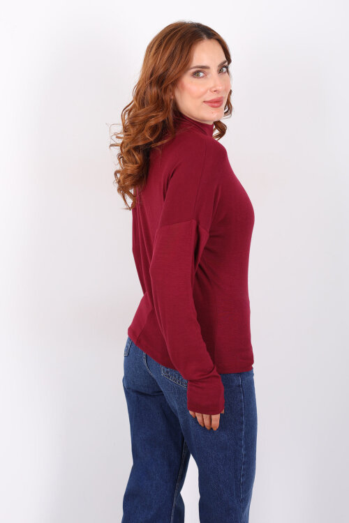 Dik Yaka Bordo Kadın Buzi Bluz - 5