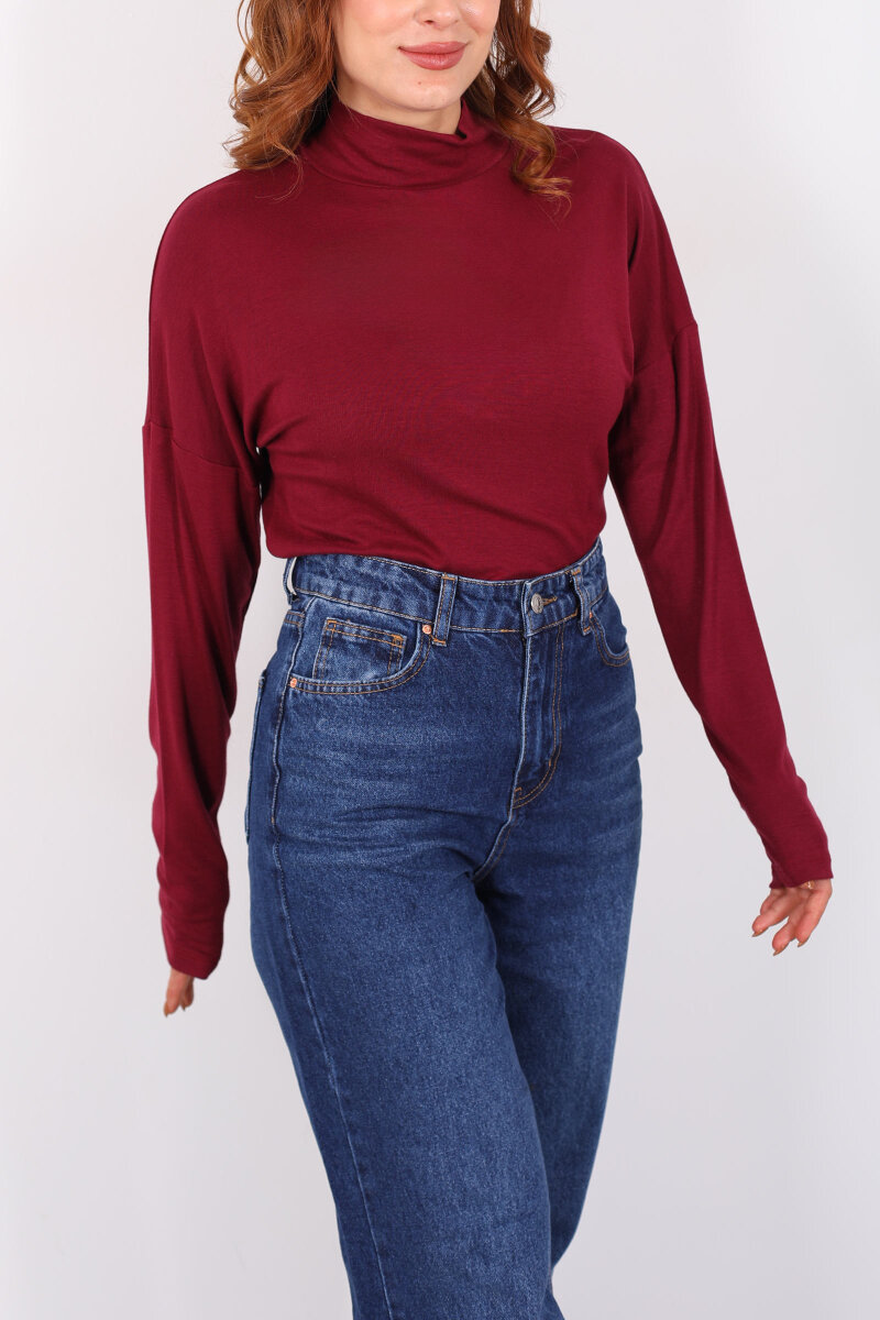 Dik Yaka Bordo Kadın Buzi Bluz - 2