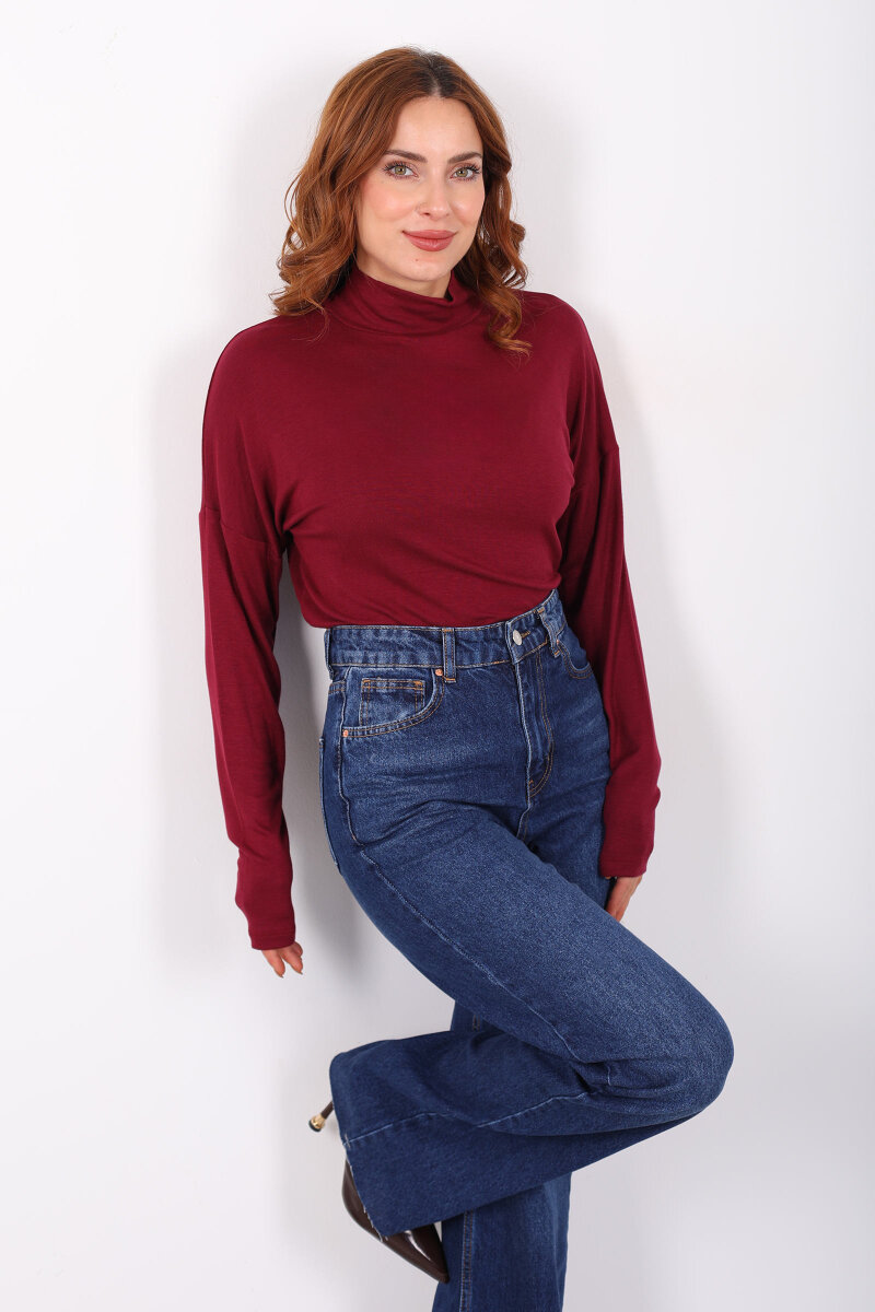 Dik Yaka Bordo Kadın Buzi Bluz - 3