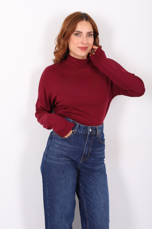 Dik Yaka Bordo Kadın Buzi Bluz - Berox
